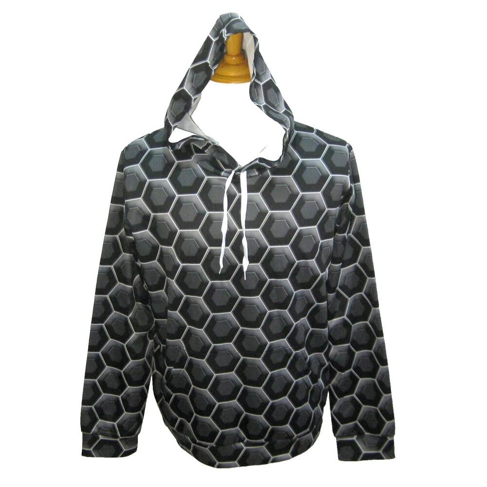 3D GRAPHIC Men's (Size Large) Gray Long Sleeve Hoodie Hooded Sweatshirt Hexagons